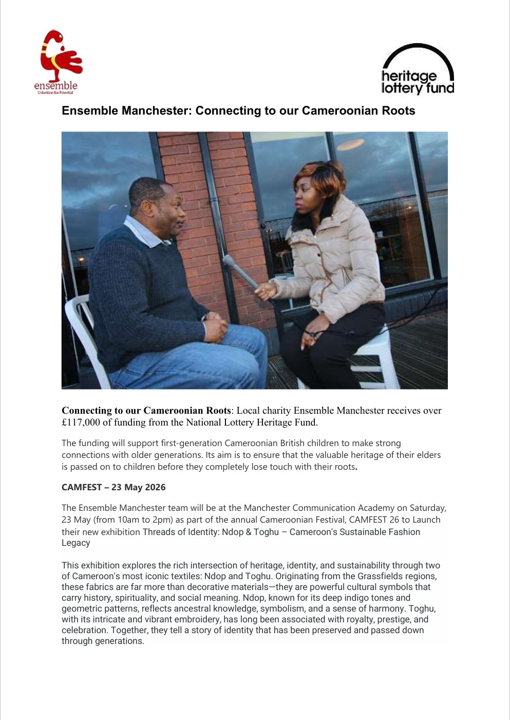 Lire la suite à propos de l’article Press Release connecting to our Cameroonian Roots Ensemble Manchester